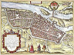 Grabado coloreado de la ciudad de Magdeburgo