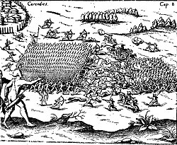 Los querandíes luchando contra los conquistadores españoles según Ulrico Schmidl.