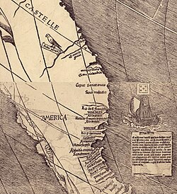 Detalle del mapa Universalis Cosmographia de 1507 donde aparece la palabra América situada en la región meridional.