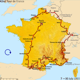 Ciclistas participando en el Tour de Francia 1955