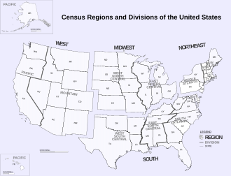 Mapa de las cuatro regiones de los Estados Unidos según la Oficina del Censo.