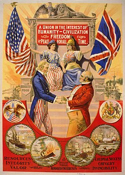 Cartel de 1898 que ilustra el acercamiento diplomático entre Estados Unidos y el Reino Unido.