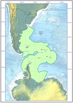 Delimitación geográfica del Mar Argentino según el mapa de COPLA presentado ante la ONU.