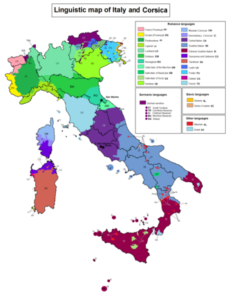 Mapa general de lenguas y dialectos de Italia