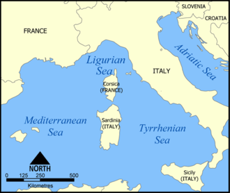 Delimitaciones del Mar de Liguria según IHO e Italia