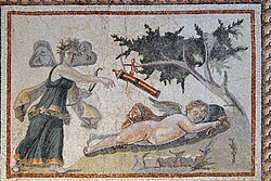 Mosaico del siglo III con la representación de Eros durmiendo mientras Psique se aproxima