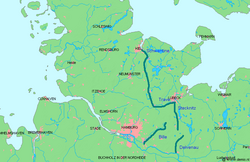 Representación cartográfica del Limes Saxoniae, una frontera no fortificada entre sajones y obotritas.