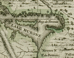 Mapa británico antiguo del Lago Hurón fechado en 1680.