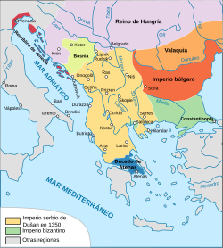 Mapa histórico que muestra el Imperio serbio bajo Stefan Dušan alrededor de 1350.