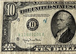 Detalle de un billete de diez dólares de 1950