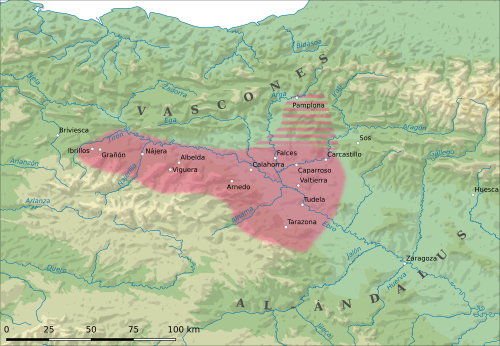 Mapa esquemático del núcleo de las tierras controladas por los Banu Qasi entre el siglo VIII y principios del siglo X