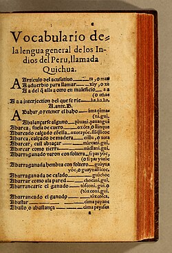 Portada del Vocabulario de la lengua general de los indios del Peru por Domingo de Santo Tomás de 1560