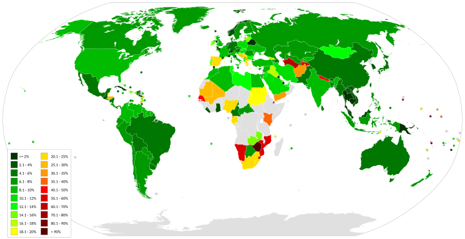 Tasa de desempleo por países, 2008, Fuente CIA The World Factbook