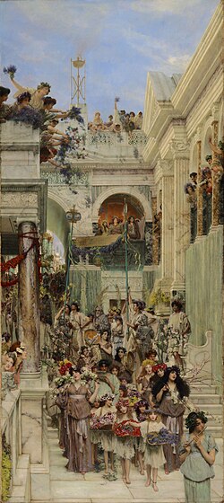 Pintura de Lawrence Alma-Tadema que ilustra las Cerealias en una calle romana