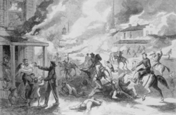 Representación histórica del ataque del guerrillero William Quantrill a Lawrence en 1863