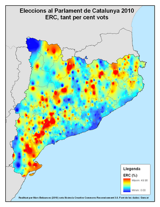 Mapa de apoyo electoral de ERC en 2010