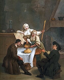 Pintura La Polenta de Pietro Longhi del siglo XVIII