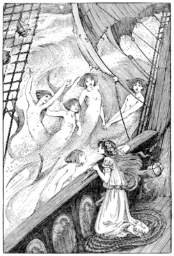 Ilustración donde las hermanas sirenas entregan una daga a la protagonista.