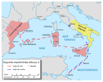 Mapa ilustrativo de la segunda expedición militar de Alfonso V a Nápoles