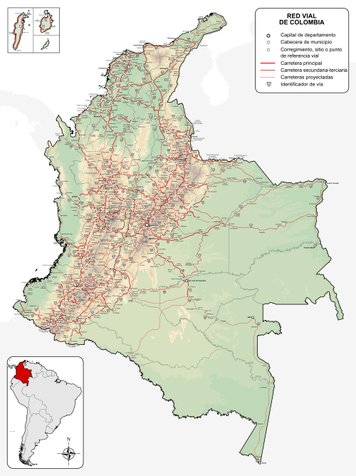 Mapa de la red vial de Colombia.