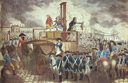 Grabado en color que representa la ejecución de Luis XVI el 21 de enero de 1793 durante la Revolución francesa.