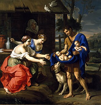 Pintura histórica que muestra al pastor Fáustulo llevando a los gemelos ante su esposa.