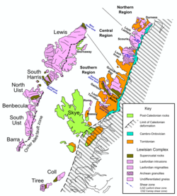 Mapa geológico de Hebridean Terrane que muestra la distribución de rocas del complejo Lewisiano.