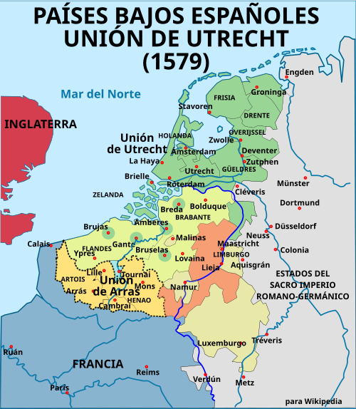 Mapa de los Países Bajos españoles, la Unión de Utrecht y la Unión de Arrás