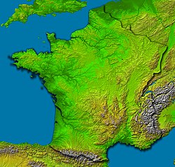 Francia vista desde la misión de topografía por radar de la NASA, mostrando el Macizo Central como una masa marrón.