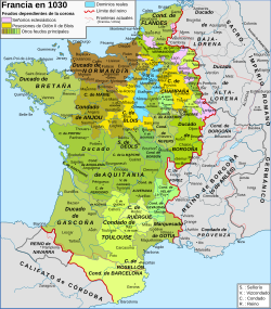 Mapa político de Francia durante los primeros años de la dinastía de los Capetos.