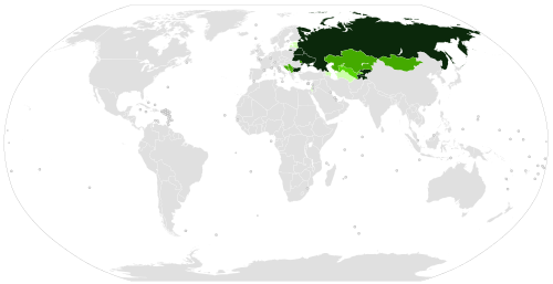 Mapa de distribución mundial del uso oficial del alfabeto cirílico.