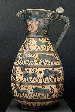 Olpe protocorintio con decoración de animales.