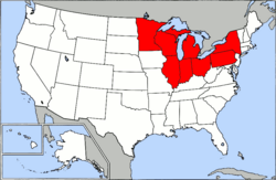 Mapa detallado con los estados de Estados Unidos con litoral en los Grandes Lagos señalados en rojo.