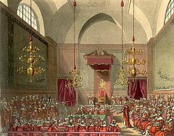 Ilustración de la Casa de los Lores en el Microcosmos de Londres