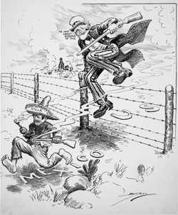 Ilustración satírica del Tío Sam cruzando la frontera
