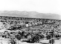 Tractores de oruga Holt arrastrando vagones en el desierto de Mojave