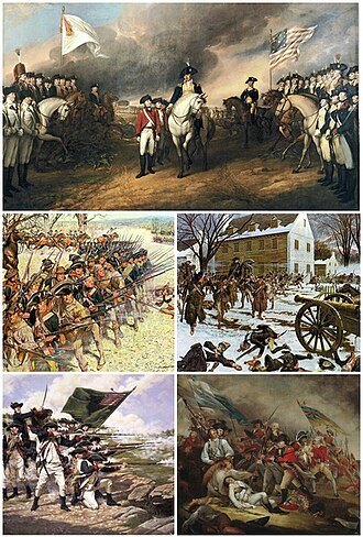 Ilustración histórica con múltiples escenas de batallas de la guerra de independencia