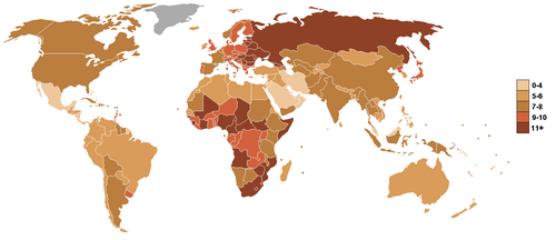 Mapa mundial que muestra la tasa bruta de mortalidad por país