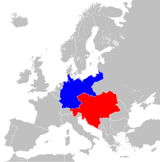 Mapa que muestra la Doble Alianza en 1914, con Alemania resaltada en azul y Austria-Hungría en rojo.