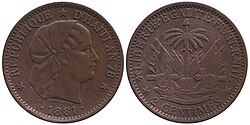Moneda de 2 céntimos de bronce acuñada en París en 1881