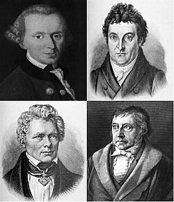 Ilustración de los cuatro principales idealistas alemanes: Immanuel Kant, Johann Gottlieb Fichte, Friedrich Schelling y Georg Wilhelm Friedrich Hegel.