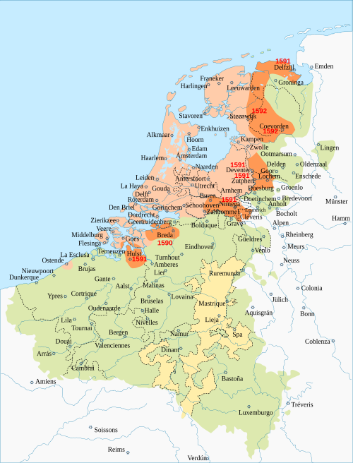 Mapa de las Provincias Unidas en 1590 tras las campañas de Alejandro Farnesio.