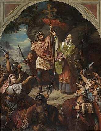 Representación pictórica de Don Pelayo en Covadonga por Luis de Madrazo de 1855.