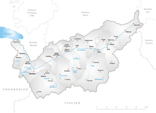Mapa de los distritos del cantón del Valais