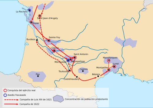 Mapa de las campañas de Luis XIII contra los hugonotes
