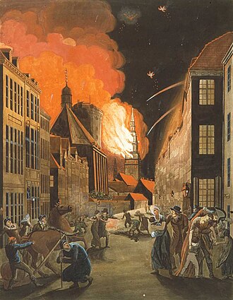 Incendio de Copenhague como resultado de los bombardeos británicos en septiembre de 1807.