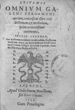 Portada de la obra Epitomes omnium Galeni Pergameni operum publicada en 1553