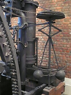 Controlador centrífugo de presión aplicado en una máquina de vapor Boulton & Watt de 1788.