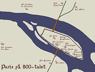 Plano histórico de París en el siglo IX centrado en la Isla de la Cité en el río Sena