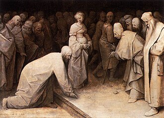 Cristo y la adúltera de Pieter Brueghel el Viejo en formato grisalla